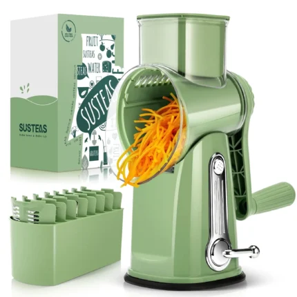 Rotary Cheese Grater with Handle - Food Shredder with 5 Well-designed Blades & Strong Suction Base,Round Mandoline Slicer
